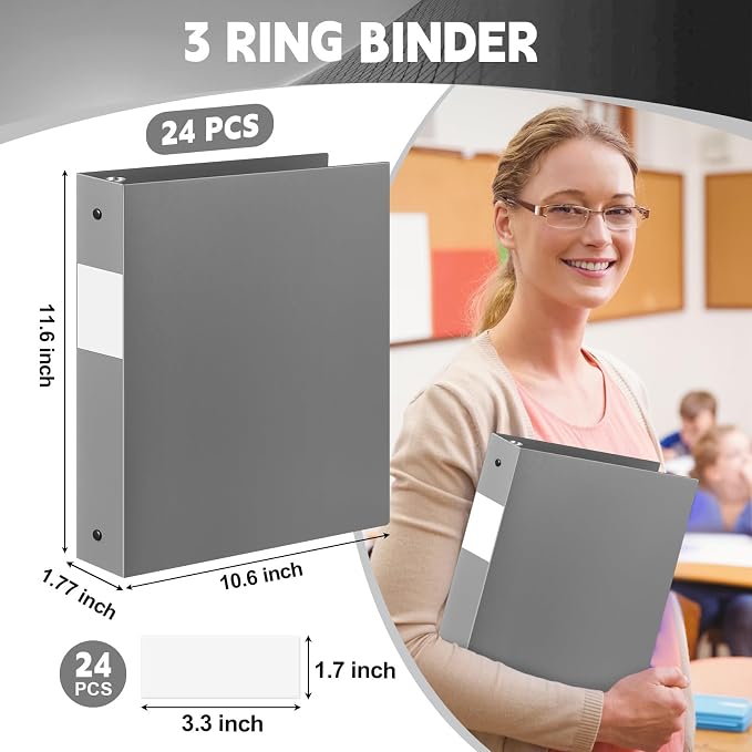 Henoyso 24 Pcs 1.5 Inch 3 Ring Binders, Letter Size,Gray | Binders Bulk, Holds 350 Sheets, Round Rings, Durable Flexible PP Plastic Covers, Pockets Labels, School Office Supplies