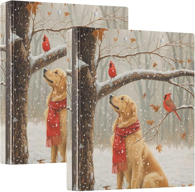 Winter Golden Retriever Dog Red Bird 3 Ring Binder 1.5" Decorative D-Ring Binder with Clipboard&3 Clear Pockets, Holds 200 Sheets A4 Size Paper Waterproof Binders for School Home Office|2 Pack