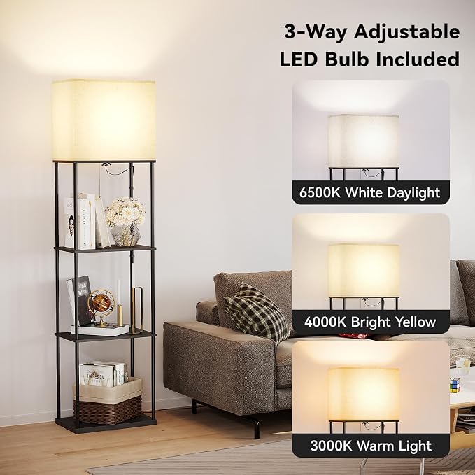 SUNMORY Large Size Floor Lamp with Shelves, Standing Lamps for Living Room | 3 CCT LED Bulb Include, 4-Tier Display Bookshelf, 63" Tall Corner Shelf Lamp, Modern Style for Bedroom, Office, Home Decor