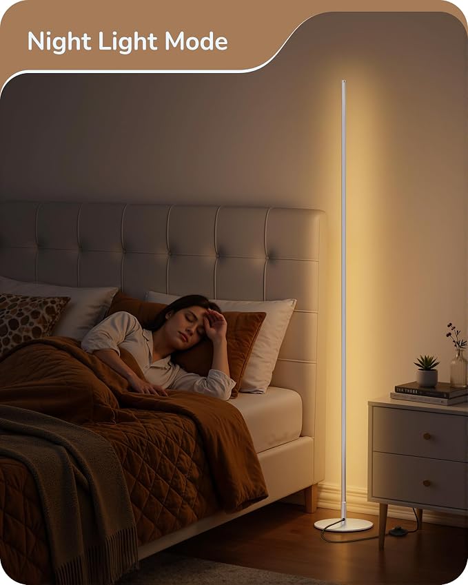 EDISHINE 57.5" Floor Lamp with Remote & Foot Switch, Dimmable & 7CCT | 2700-6000K, Minimalist Corner Floor Lamp for Living Room, Bedroom, Home Office, Sturdy Base, White
