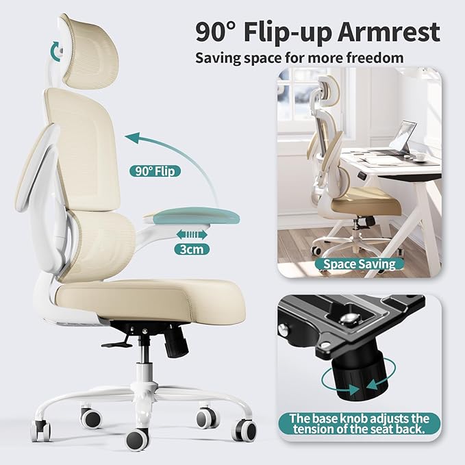 TRALT Office Chair Ergonomic Desk Chair - Gaming Chair with Lumbar Support | 330 LBS Home Office Desk Chairs with Headrest, Reading Chair with Flip-up Armrests, Comfortable Computer Chairs (1, Beige)