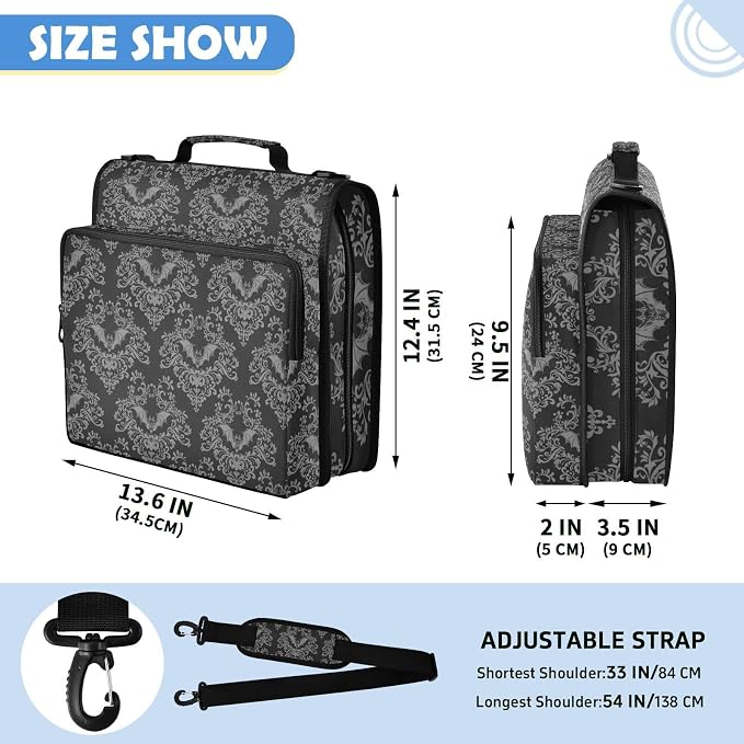 Goth Bats Black Zipper Binder File Organizer Bag 3 D-Ring | with Shoulder Strap, Holds 500 Sheets & 14in Laptop, 3 Ring Binder for Office Supplies