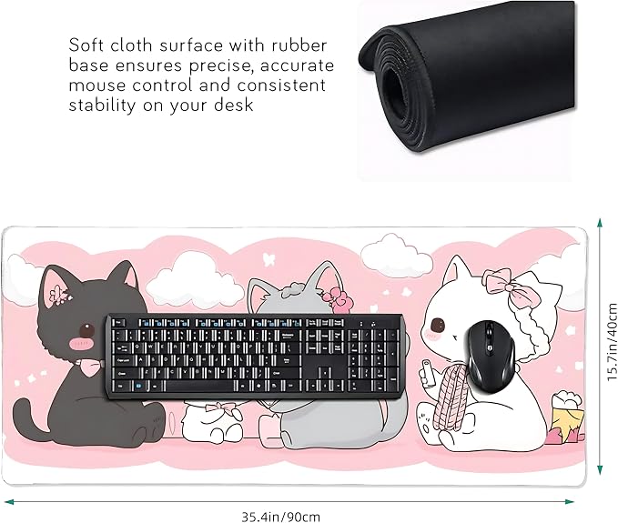 Cute Anime Cats Gaming Mouse Pad, Pink Kawaii Desk Mat with Anti-Slip Base & Stitched Edges,35.4" x 15.7" in Desk Accessories for Women, Home Office Decor & Artistic Gift