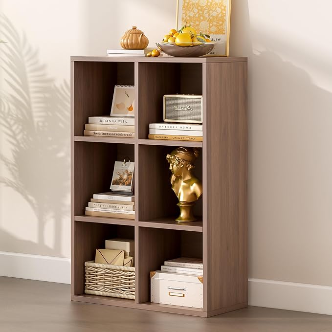 6-Cube Storage Shelf Bookcase, Walnut | Wooden 3-Tier Open Bookshelf, Fits 11×11" Bins, Vertical or Horizontal Use, Full Back Panels, For Home Office