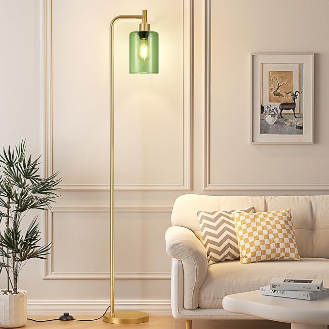 Ziisee Floor Lamps for Living Room - Industrial Standing Lamp with Green Glass Shade, Modern Gold Floor Lamp with LED Bulbs, Farmhouse Floor Lamp for Bedroom, Tall Lamp for Office