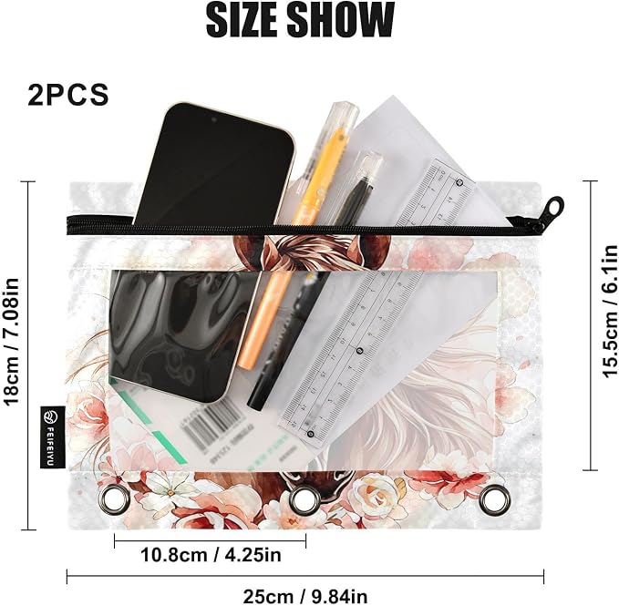 Brown Horse Watercolor Flower Pencil Pouch for 3 Ring Binder, 2 Pack Waterproof Pencil Bags Clear Window Pencil Case Zipper School Office Supplies