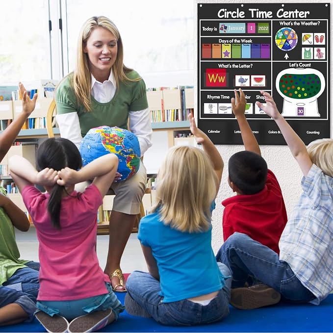 Auchq Circle Time Learning Center Pocket Chart, Heavy-Duty Kids Calendar for Classroom, Educational Pocket Chart Learning Calendar Weather Letter Counting Rhyme Color Shape(Black)