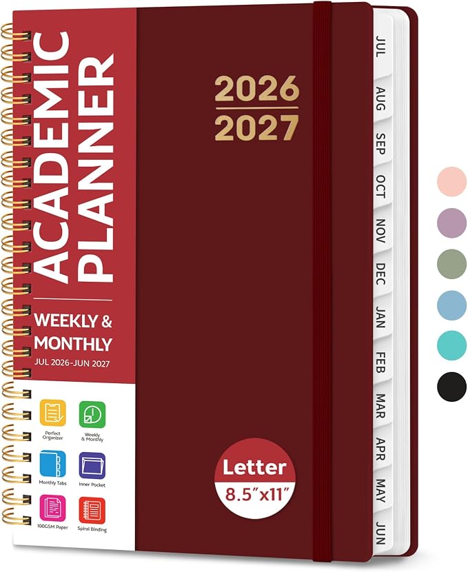 Taja Planner 2026-2027, Jul 2026-Jun 2027 Monthly & Weekly Calendar Book | 8.5" x 11", Hardcover Academic Calendar with Tabs, Teacher Student Agenda Book for School Office Supplies - Burgundy