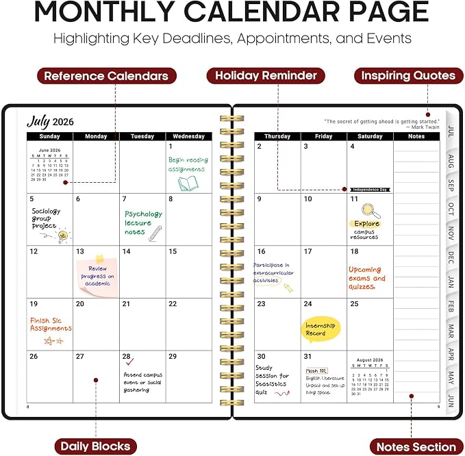 Taja Planner 2026-2027, 6.3" x 8.5" Calendar Planner, Jul 2026-Jun 2027 | A5 Hardcover Weekly & Monthly Academic Year Planner, Large Planning Agenda With Tabs, School & Office Supplies, Black