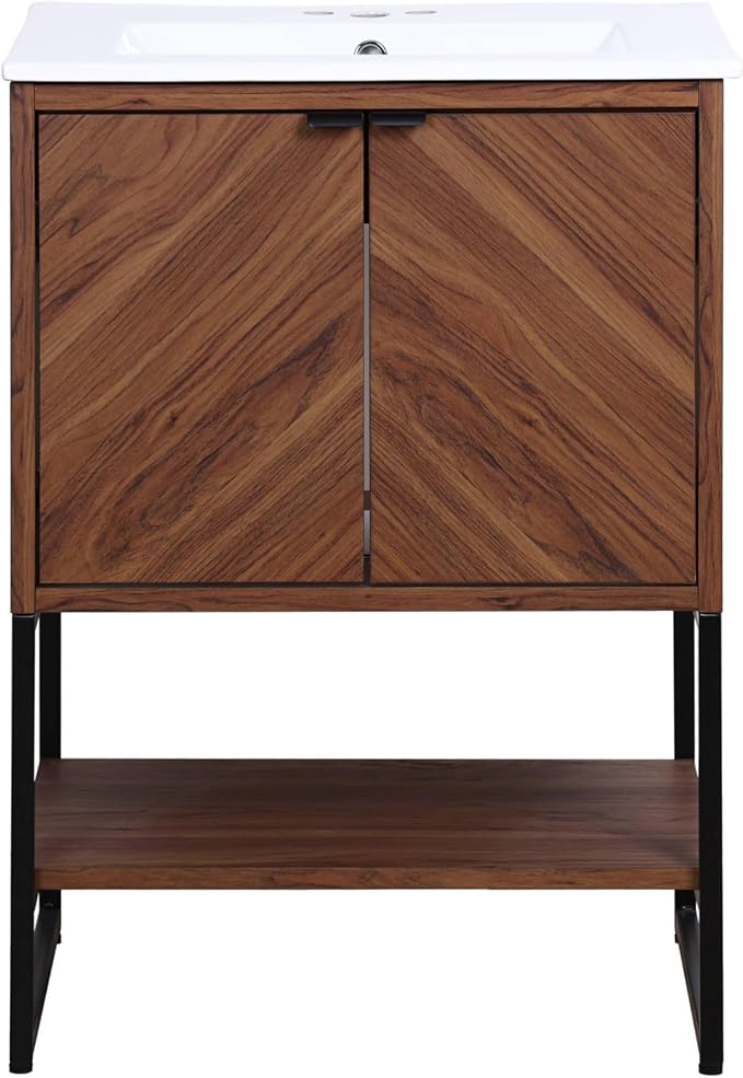 JONATHAN Y Juhl 23.5" Chevron Freestanding Bathroom Vanity Cabinet, Walnut | Modern Minimalist Design, 18" Deep 33" Tall, 2 Soft-Close Doors, Interior And Open Shelves, Sink Not Included