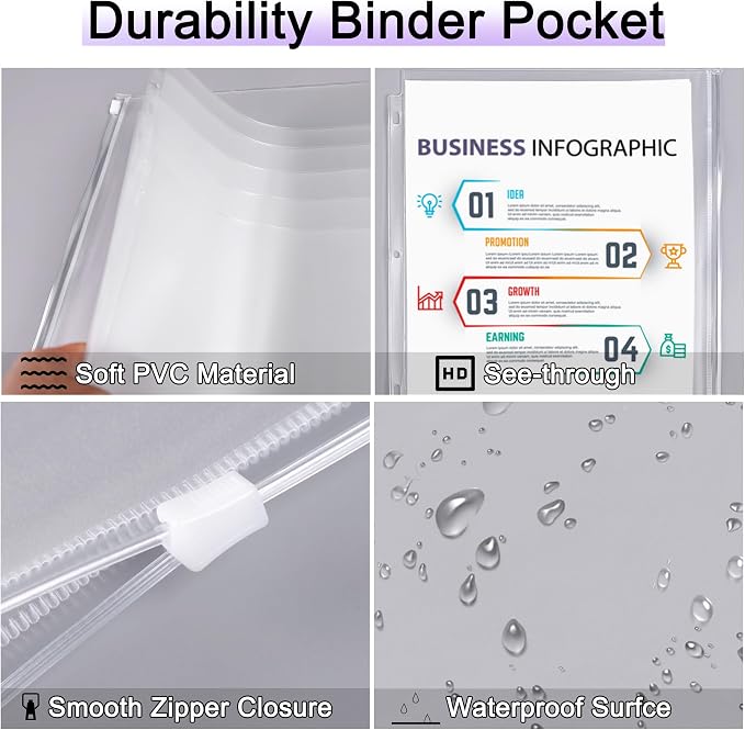 18 Pack Clear Letter Size Binder Pockets 3 Ring Binder Zipper Pouch Document Organizer, Waterproof PVC 3-Hole Loose Leaf File Bags Insert Sleeves Page Sheet Protectors Business Office Supplies