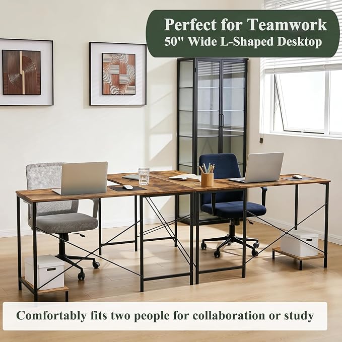 L Shaped Desk Computer Desk, 50inch Brown Gaming Desk with CPU Stand | Reversible Corner Desk, Sturdy Metal Frame, Student Study Writing Table for Home Office