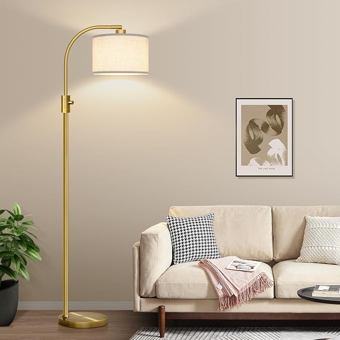 Nintiue Upgraded Modern Arc Dimmable Tall Standing Floor Lamp with Linen Shade, 1200 Lumens LED Bulb Included, for Living & Reading Room, Bedroom, Office & Nursery, Brass
