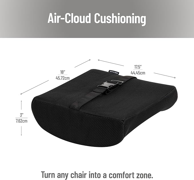 Mind Reader Lumbar Support Cushion with Air-Cloud Memory Foam, Ergonomic Lower Back Pillow for Office Chair and Car Seat, Black