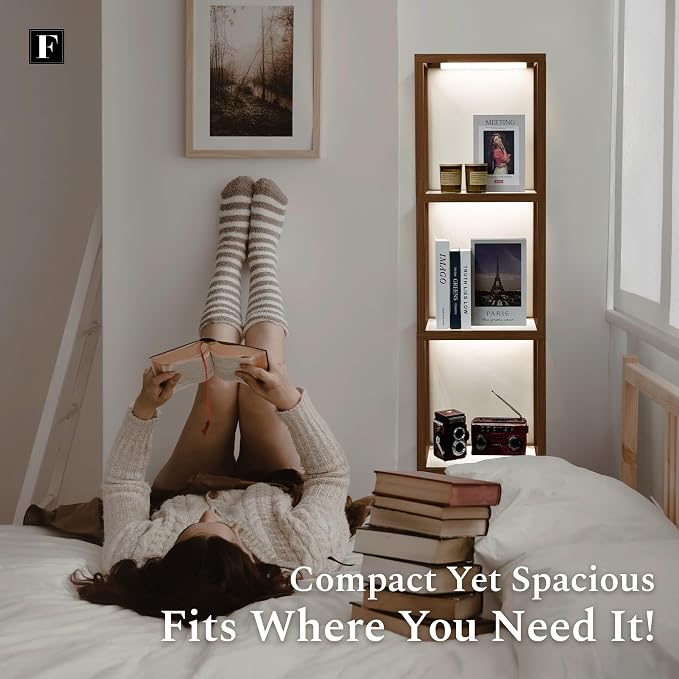 FENLO LED Display Shelf Unit – Dimmable Lighted Furniture for Bedroom, Living Room, or Office – Glass Curio Cabinet Shelf Lamp with App + Remote Control + Adjustable Lighting