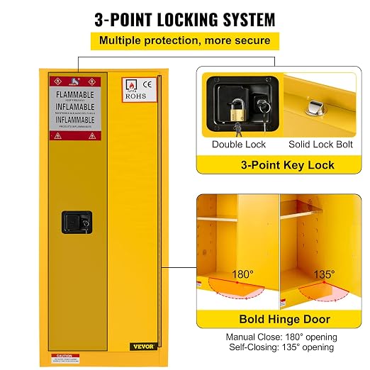 VEVOR Flammable Cabinet, 18" x 18" x 35", Yellow | Galvanized Steel, Safety Cabinet, Adjustable Shelf, Commercial, Industrial, Home Use