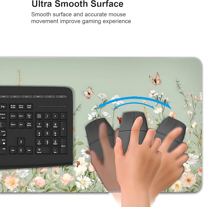 Cute Floral Aesthetic Wildflower Gaming Mouse Pad, Sky Blue Macaron Desk Mat with Anti-Slip Base & Stitched Edges, Computer Keyboard & Laptop Pad, 35.4" x 15.7" in in Workstation Accessories