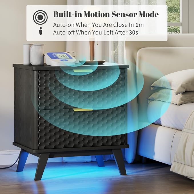Smart Nightstand with Charging Station and LED Lights | 23.62" Wide Night Stand with 2 Drawers, Motion Sensor Motion-Activated Underlight, Honeycomb Bedside Table for Bedroom, Black