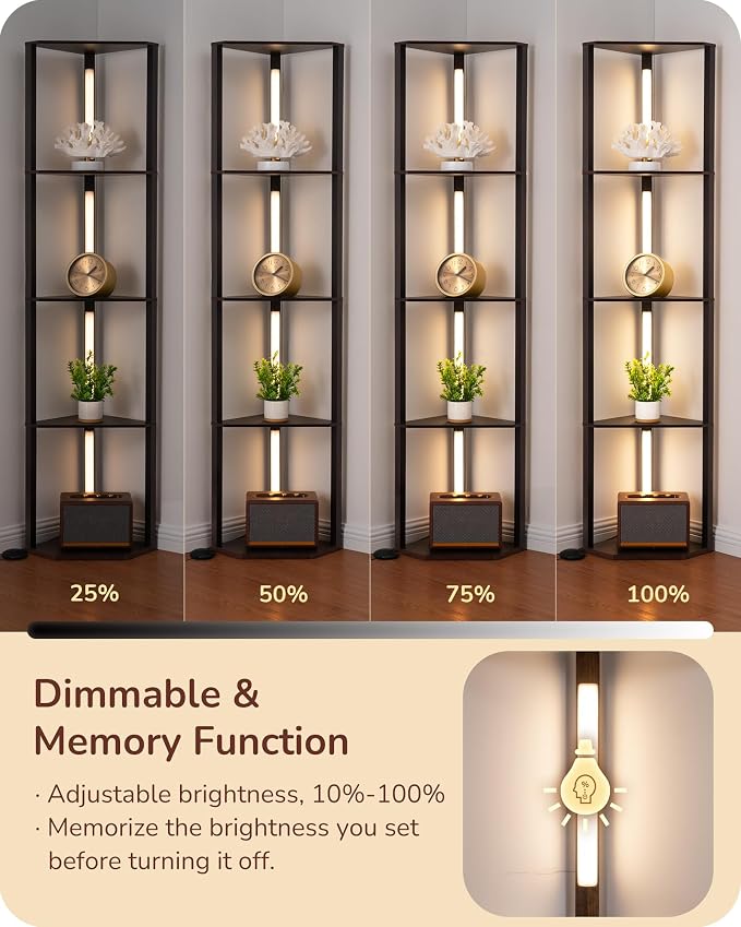 EDISHINE 64" Corner Shelf Floor Lamp for Living Room, Modern LED Corner Light with Shelves, 3CCT, Stepless Dimmable Tall Floor Light for Bedroom, Office, Dining Room, 3000K 4000K 5000K, Black Walnut | Stepless Dimming, 4-Layer Shelf, Foot Switch, 3000K...