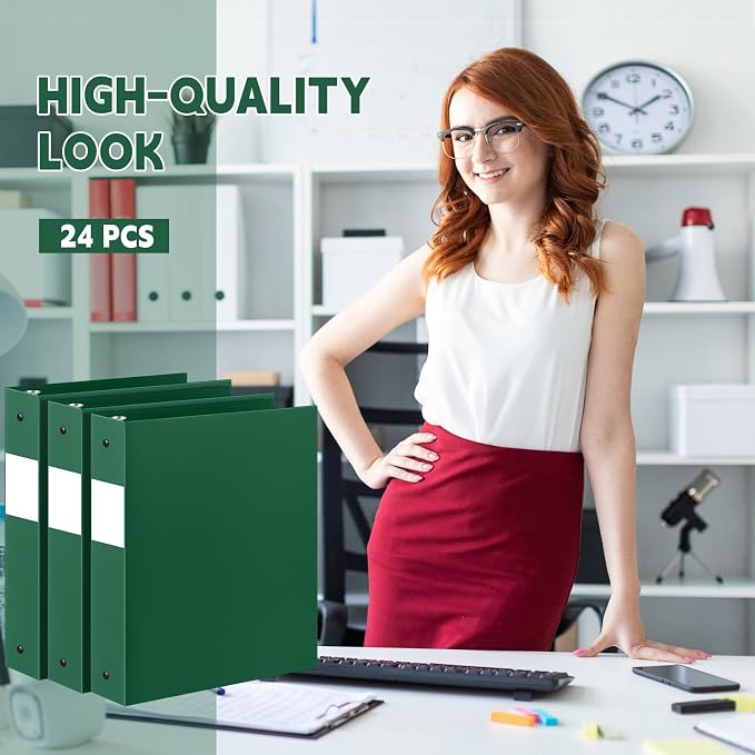 Henoyso 24 Pcs 1.5 Inch 3 Ring Binders, Letter Size,Dark Green | Binders Bulk, Holds 350 Sheets, Round Rings, Durable Flexible PP Plastic Covers, Pockets Labels, School Office Supplies
