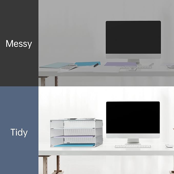 DALTACK 3 Tier Letter Tray Paper Organizer with Sliding Trays 2 Pack White | Metal Mesh File Organizer with Sliding Trays for Letter and A4 Paper, Mail, Bills, Folders and Office Documents