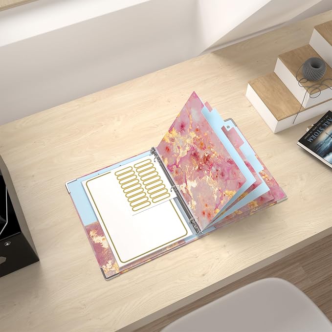 Rouidr Mini 3 Ring Binder with Clipboard, 1 inch Round 8.5 x 5.5 in Cute Binders Organizer with 5 Dividers Tabs & Clear Sleeves, School Supplies, Office Supplies, Pink Marble