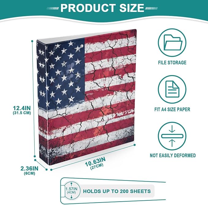3 Ring Binder Retro American Flag 1.5" Round Ring Binders View Binder with 200 Sheet for Kids School Supplies Women Men Office, 1 Pack