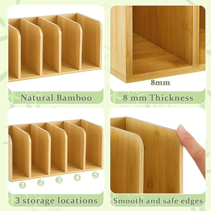 Novabright 5-Slot Bamboo Wooden Magazine File Holder Desk Organizer, 5 Vertical Compartments Workspace Sorters for Magazines, Binders, Notebooks, Envelopes