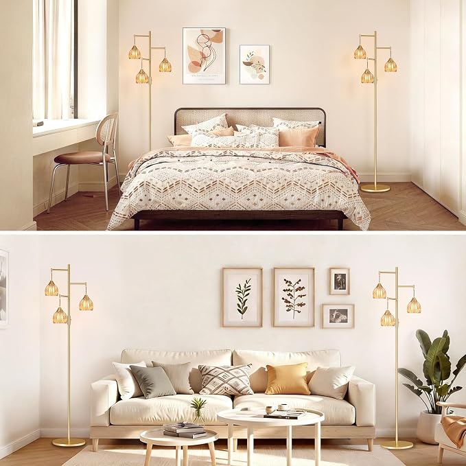 Shenmoyl Stepless Dimming Floor Lamps for Living Room, Bedroom, Gold Standing Lamp with 3pcs 6W Bulbs, Vintage Brass Floor Lamp for Corner, Nursery (Amber Tulip)