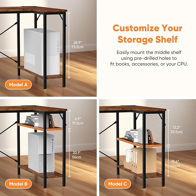 DUMOS L Shaped Desk with Drawers, Gaming Desk, 55 Inch | Power Outlet, Study Table, Adjustable Shelves, Home Office, Corner Computer Workstation, Bedroom, Rustic