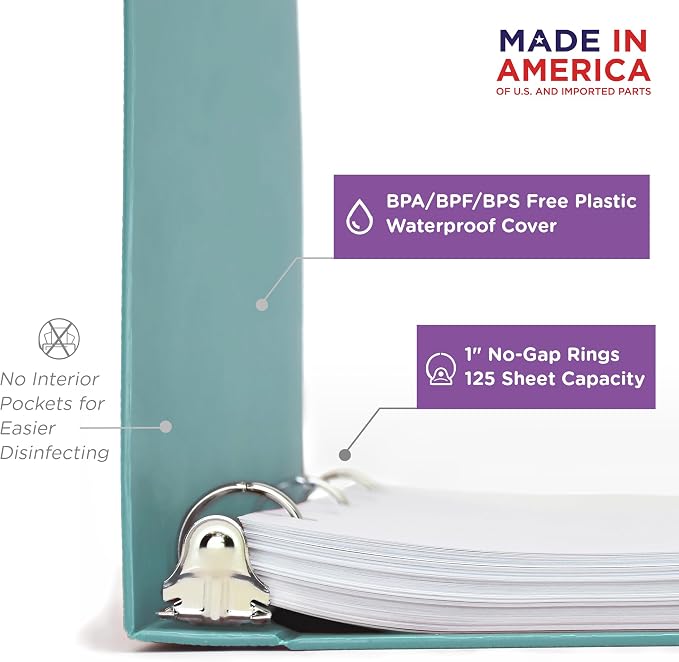 Carstens 1-Inch Heavy Duty 3-Ring Binder - Side Opening, Powder Blue, Durable Plastic, Precision No-Gap Rings, Waterproof Cover, No Pockets, Holds 125 US Letter Sheets, BPA-Free, Made in USA (8704-3R)