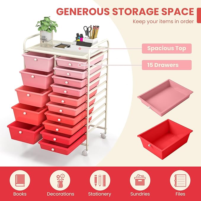 GOFLAME 15-Drawer Rolling Storage Cart, Craft Storage Cart with Removable Drawers & Lockable Wheels, Art Cart Supply Storage Organizer for Home Office Classroom, Pink Gradient