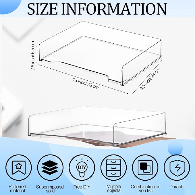 DoubleFill 2 Pcs Stackable Letter Tray Rectangular Plastic Desk Organizer 13 x 9.5 x 2.6 in Paper Holder File Tray Accessories Rack for Desktop Office Desk Drawers (Clear)