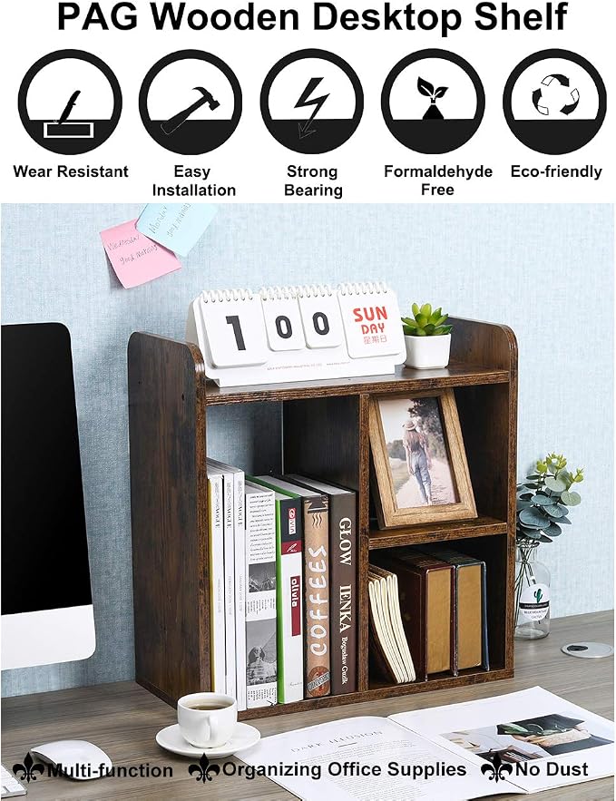 Desktop Shelf Freestanding Wood Small Bookshelf Desk Supplies Organizers and Accessories Storage Display Rack Office Decor for Women, Antique Brown
