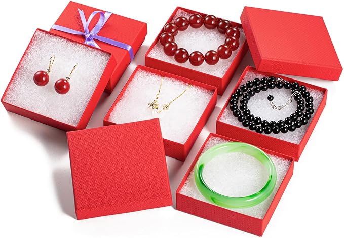Magicool 40 Pack Red Cardboard Jewelry Boxes with Lids and Cotton, 3.5x3.5x1 Inch, Perfect for Earrings, Bracelets, Necklaces, Rings, Gifts