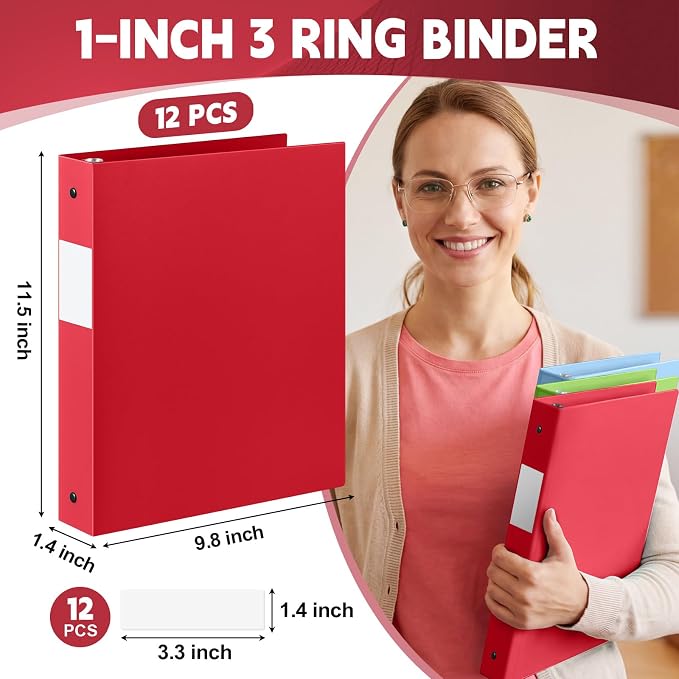 Henoyso 1 Inch 3 Ring Colored Binders Soft Flexible, 8.5'' x 11'' Plastic Floppy Binders Bendable with 2 Pockets, Colorful Binder Bulk for School Office Business ，12 Pack (Assorted Color)