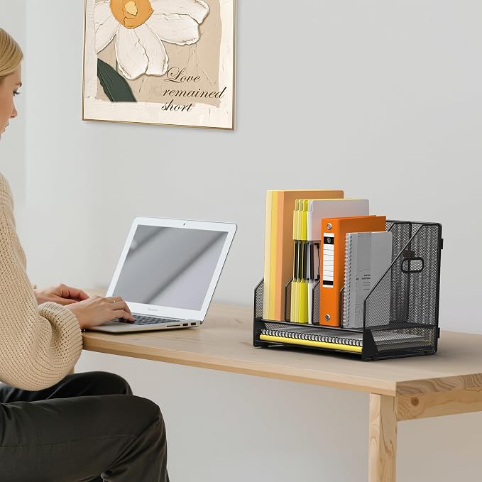 Docnest Mesh Desk File Organizer, 4 Vertical Compartment Box Sorter, Black | Features 3 removable middle dividers for custom spacing and a bottom letter tray to hold paper, mail, and documents
