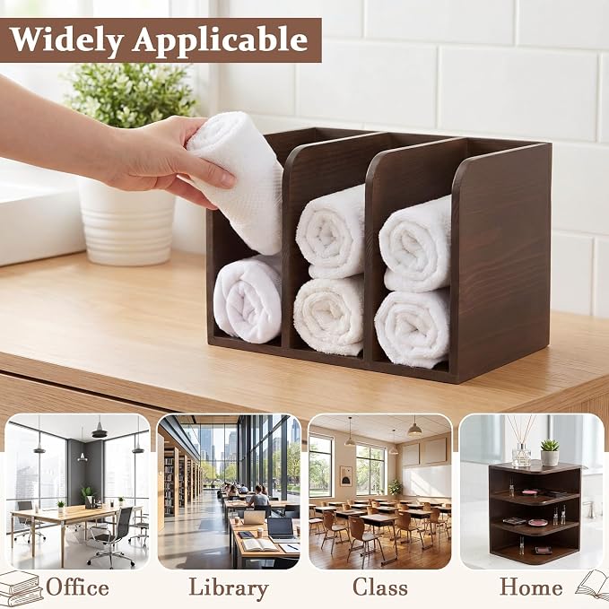 Novabright Walnut Color Pine Wood File Magazine Holder Desk Organizer, 3 Vertical Compartments Workspace Sorters for Magazines, Notebooks, Envelopes