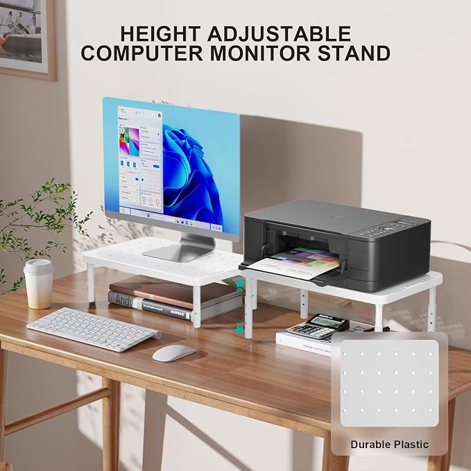 WALI Computer Monitor Stand for Desk, Adjustable Laptop Riser, up to 44 lbs | Desk Monitor Riser Underneath Storage, Fits Notebook, Laptops, Printers, for Home, Office, School (PTT001-W),1 Pack,White