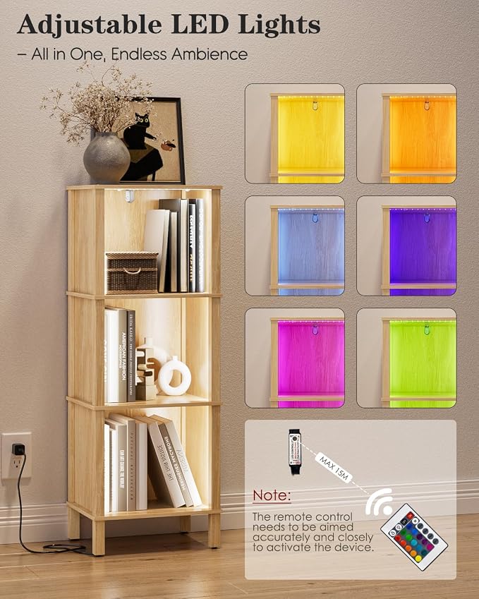 Bookshelf with LED Lights, Modern 3-Tier Bookcase, Open Storage Book Shelf, 11 × 14.2 × 38.9 Inches, Small Narrow Bookshelves for Living Room, Home Office, Bedroom, Natural