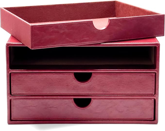 UnionBasic Document Organizer, 3-Drawer File Cabinet Document Storage Box, Office Desktop Filing Organizer, Burgundy | Document Storage Box, Office Desktop Filing Organizer, Printed Oil Faux Leather