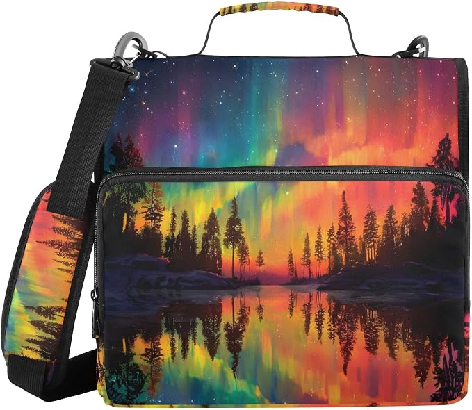 3 Ring Zipper Binder with Shoulder Strap Aurora Borealis Rainbow Tree 1.5 inch Binders Keeper Large Capacity Multi Pockets for School Office Supplies