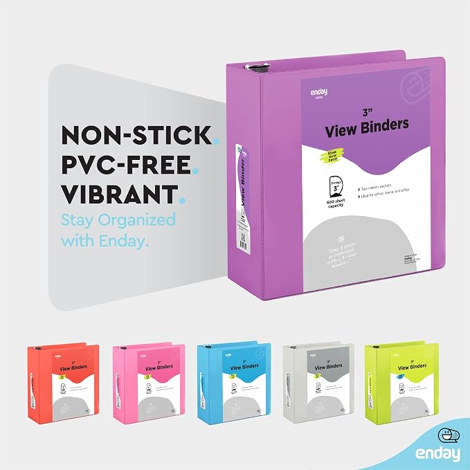 Enday 3 inch Binder (12 Pack - Purple) 3 Ring Binder 3 inch with Clear View Cover and 2 Inside Pocket - for Letter Size 8.5 x 11'' Paper, Ideal for School Supplies, Office, and Home