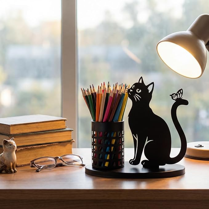 Tandefio Cat Pen Holder for Desk Cute Black Pencil Holder Metal Desk Accessories Organizer Makeup Brush Pen Cups for Back to School Stationery Office Home Decor Table Centerpiece Lover Gifts Women