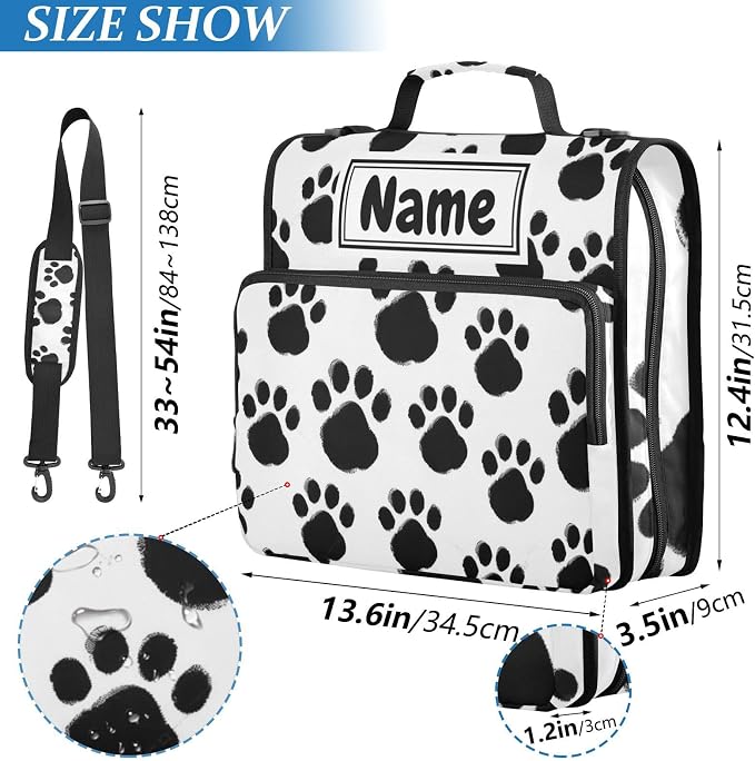 Custom Black Paws Print 3 Ring Binder Bag 1.5 inch Personalized Name Binder Organizer 500 Sheet Documents Storage for School Office