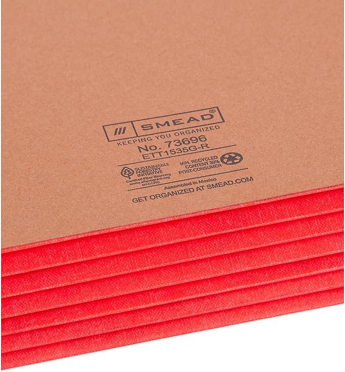 Smead End Tab File Pocket, Reinforced Straight-Cut Tab, 5-1/4" Expansion, Extra Wide Letter Size, Redrope with Red Gusset, 10 per Box (73696)