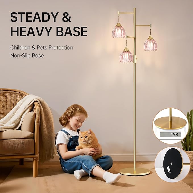 Shenmoyl Stepless Dimming Floor Lamps for Living Room, Bedroom, Gold Standing Lamp with 3pcs 6W Bulbs, Vintage Brass Floor Lamp for Corner, Nursery (Pink Tulip)