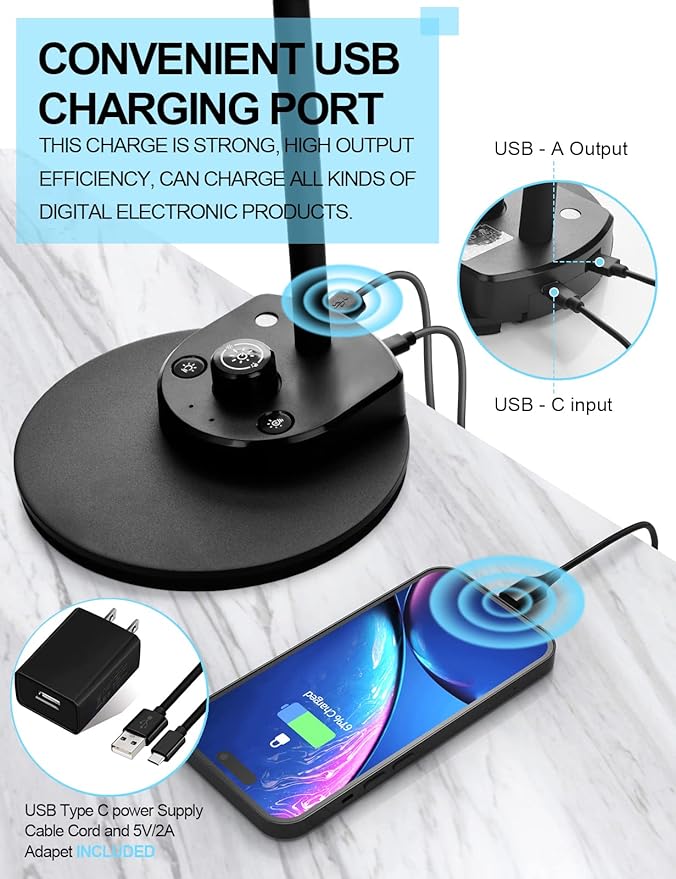 BOHON LED Desk Lamp with USB Charging Port 3 Color Modes Dimmable Reading Light Intelligent Induction Auto Dimming Task Lamp Neck Flexible Table Lamp for Bedside Office, AC Adapter Include