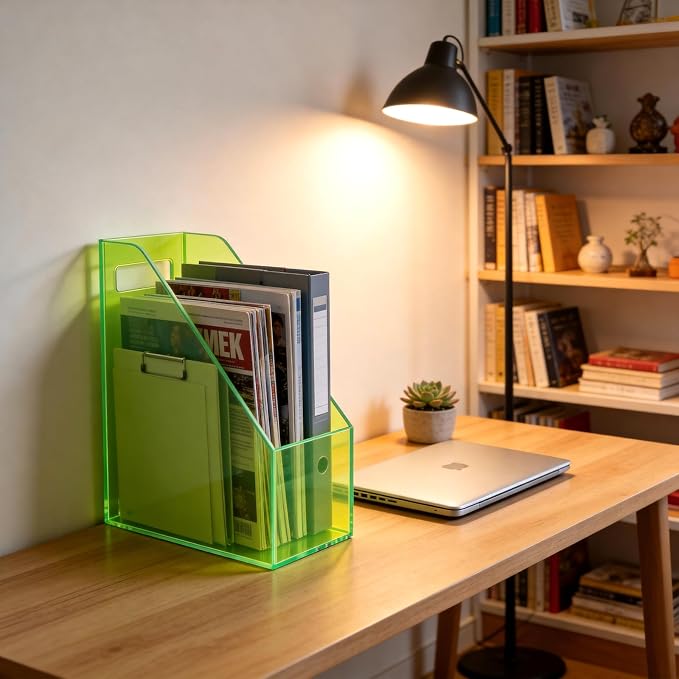 Acrylic Magazine Rack Desk File Holder Organizer for Office Desktop Vertical Magazine Storage Box, 12 x 10 x 5'', Neon Gren