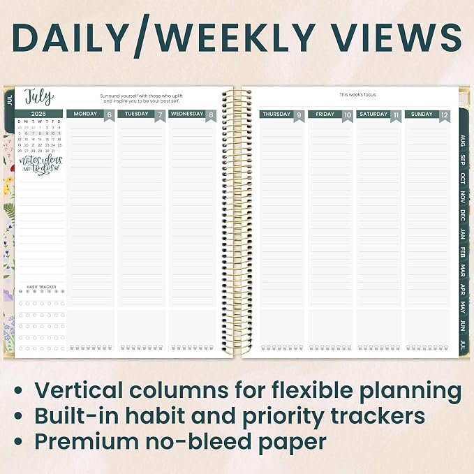 bloom daily planners 2026-2027 Hardcover Academic Year Goal & Vision Planner (July 2026 - July 2027) - 13 Months Agenda - Monthly & Weekly Calendar Organizer - 7.5" x 9" - Garden Party, Beige